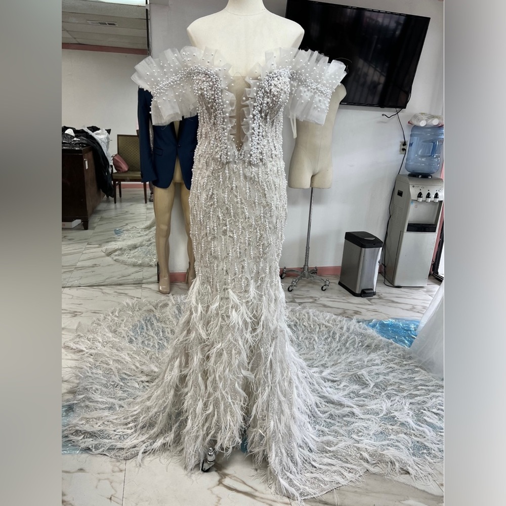 Valdrin Sahiti Beaded Feather Wedding Dress